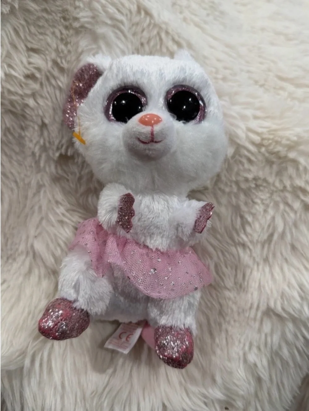 Nina White Plush Small Pet Toy with Pink Nose and Sparkly Pink Eyes